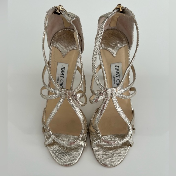 JIMMY CHOO CRACKLED GOLD LEATHER SANDAL SIZE 37.5 / US 7.5 - Picture 4 of 17
